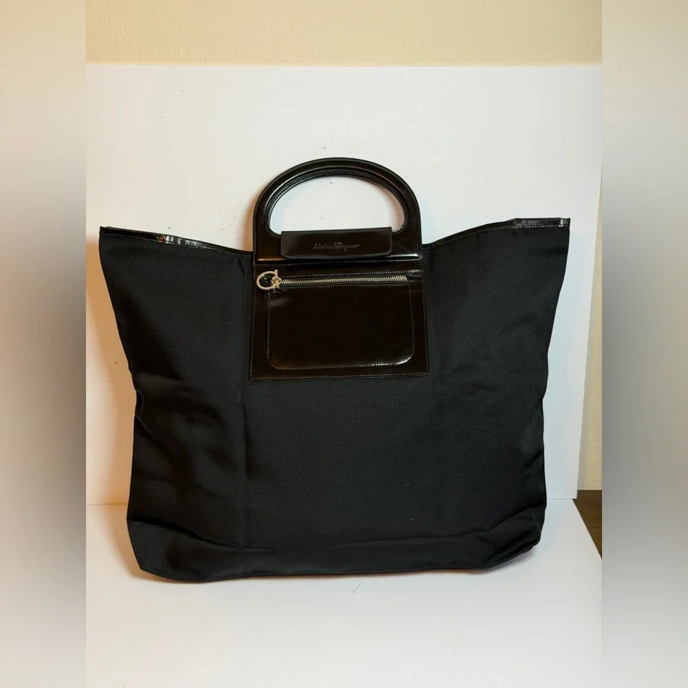 Salvatore Ferragamo Gancini Hand Bag in Black Nylon with Black Leather Trim
